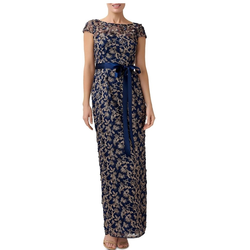 Adrianna Papell Women's Size 4 Floral
Embroidered Column Dress Blue Maxi